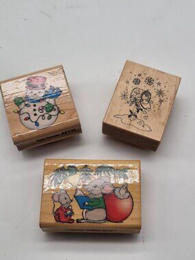 Christmas Holiday Wood Mounted Rubber Stamps x 3 Mouse Mailbox Snowman VTG 90s